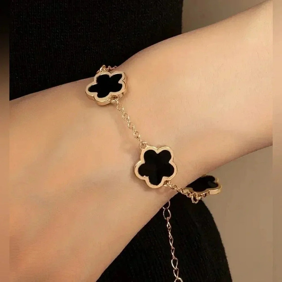 Black flower thin chain bracelet stainless steel zinc alloy - Picture 1 of 4